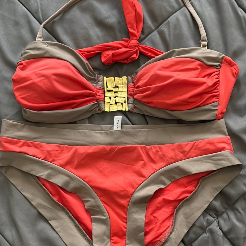 Red and Tan Bikini with Gold Accent